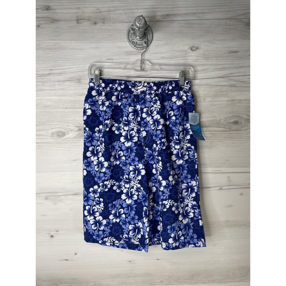 Banana Boat Swim Trunks Boys 12 Blue White Hibiscus Floral Board Shorts UPF50+